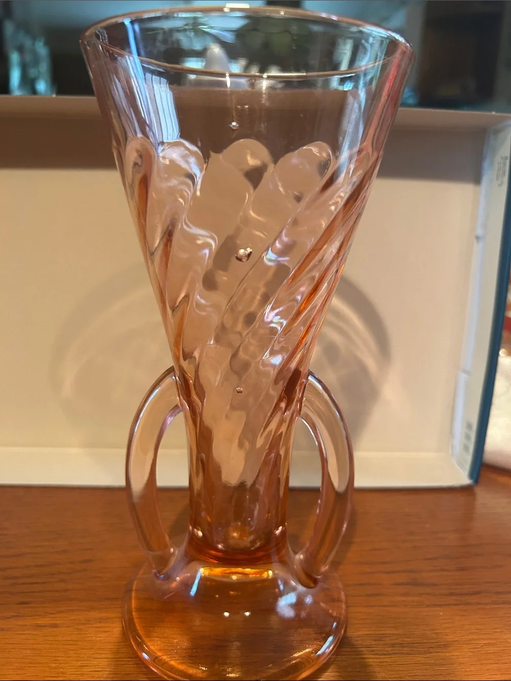Imperial Pink Glass twisted optic trumpet Double-Handled Decorative Vase